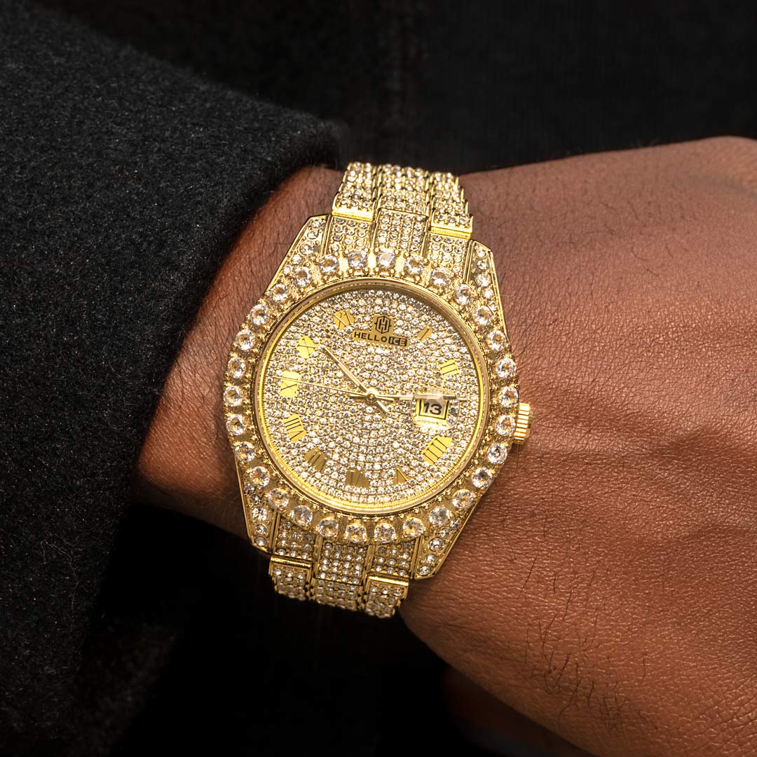 Iced Out Roman Numerals Round Cut Men's Watch In Gold With Gold Shine - Image 3