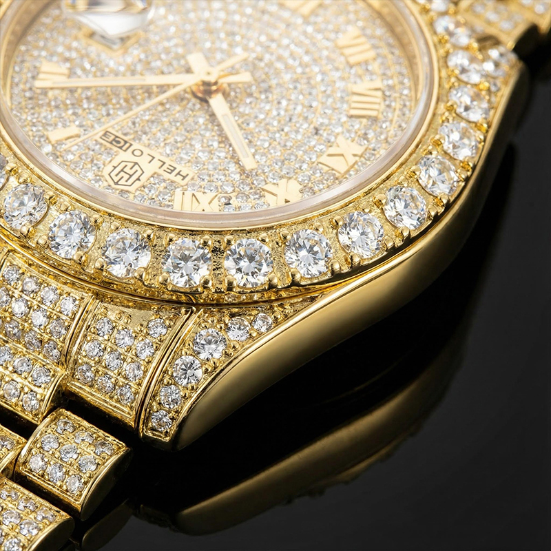 Iced Out Roman Numerals Round Cut Men's Watch In Gold With Gold Shine - Image 4