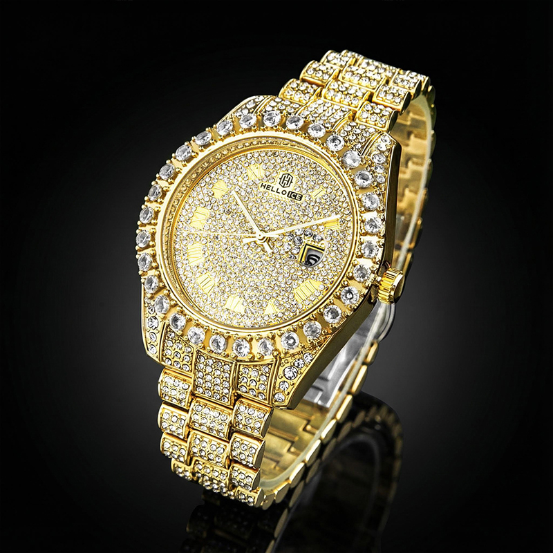 Iced Out Roman Numerals Round Cut Men's Watch In Gold With Gold Shine - Image 5