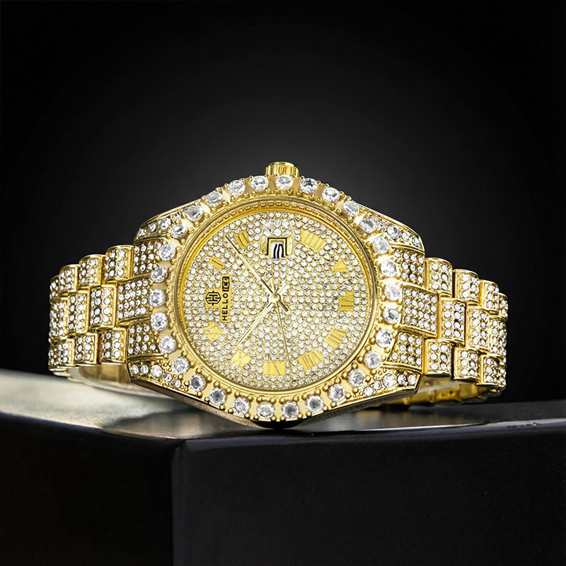Iced Out Roman Numerals Round Cut Men's Watch In Gold With Gold Shine - Image 6