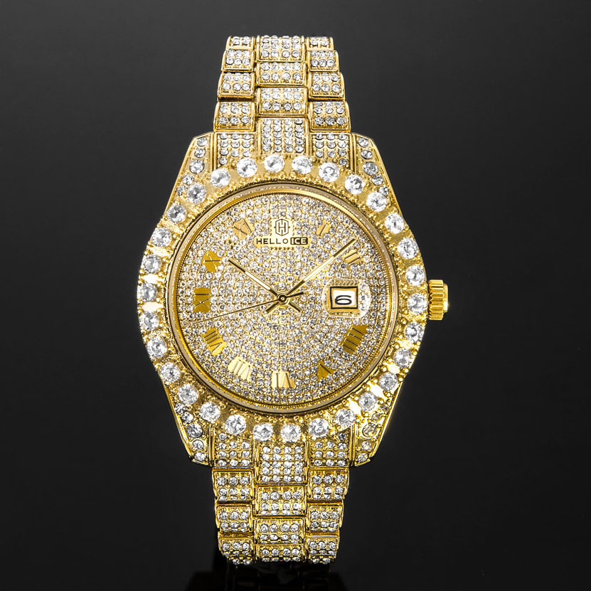 Iced Out Roman Numerals Round Cut Men's Watch In Gold With Gold Shine