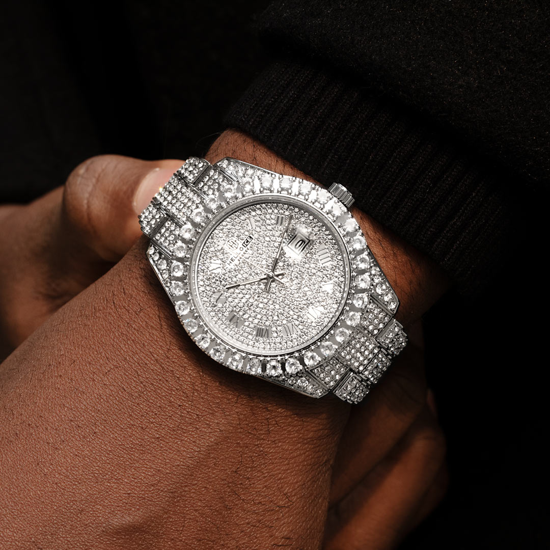 Iced Out Roman Numerals Round Cut Men's Watch In White Gold With Gold Shine - Image 3