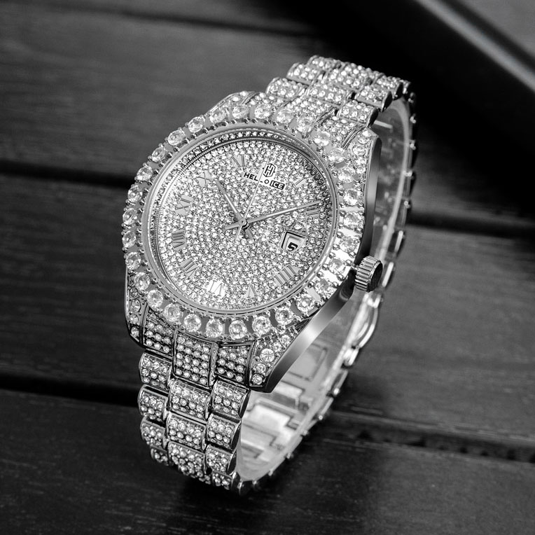 Iced Out Roman Numerals Round Cut Men's Watch In White Gold With Gold Shine - Image 4