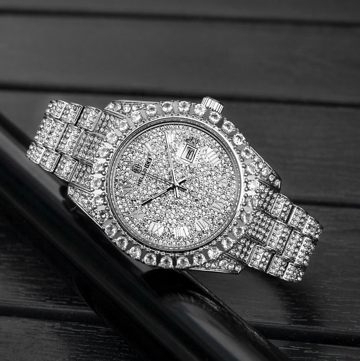 Iced Out Roman Numerals Round Cut Men's Watch In White Gold With Gold Shine - Image 5