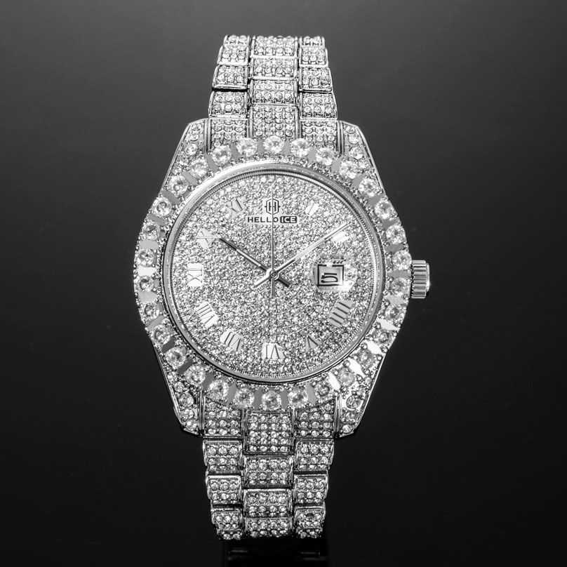 Iced Out Roman Numerals Round Cut Men's Watch In White Gold With Gold Shine
