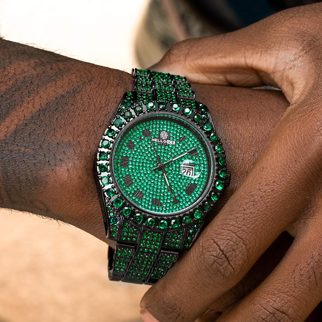 Bold Iced Out Emerald Roman Numerals Round Cut Men's Watch In Black Gold - Image 3