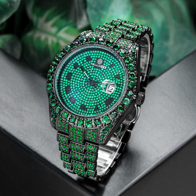 Bold Iced Out Emerald Roman Numerals Round Cut Men's Watch In Black Gold - Image 4