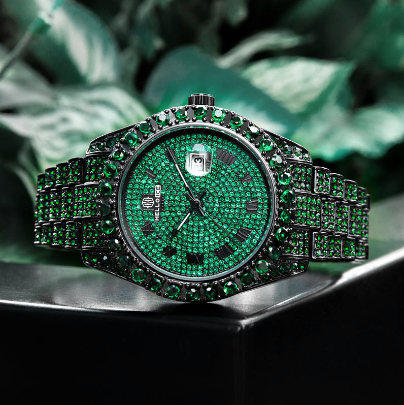 Bold Iced Out Emerald Roman Numerals Round Cut Men's Watch In Black Gold - Image 5