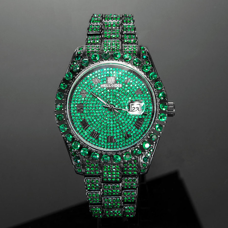 Bold Iced Out Emerald Roman Numerals Round Cut Men's Watch In Black Gold