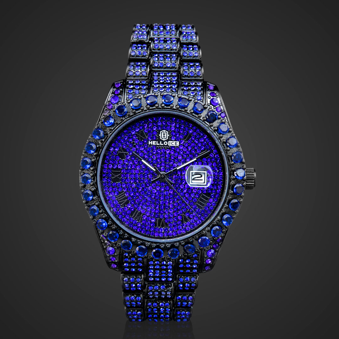 Bold Iced Out Sapphire Roman Numerals Round Cut Men's Watch In Black Gold - Image 3