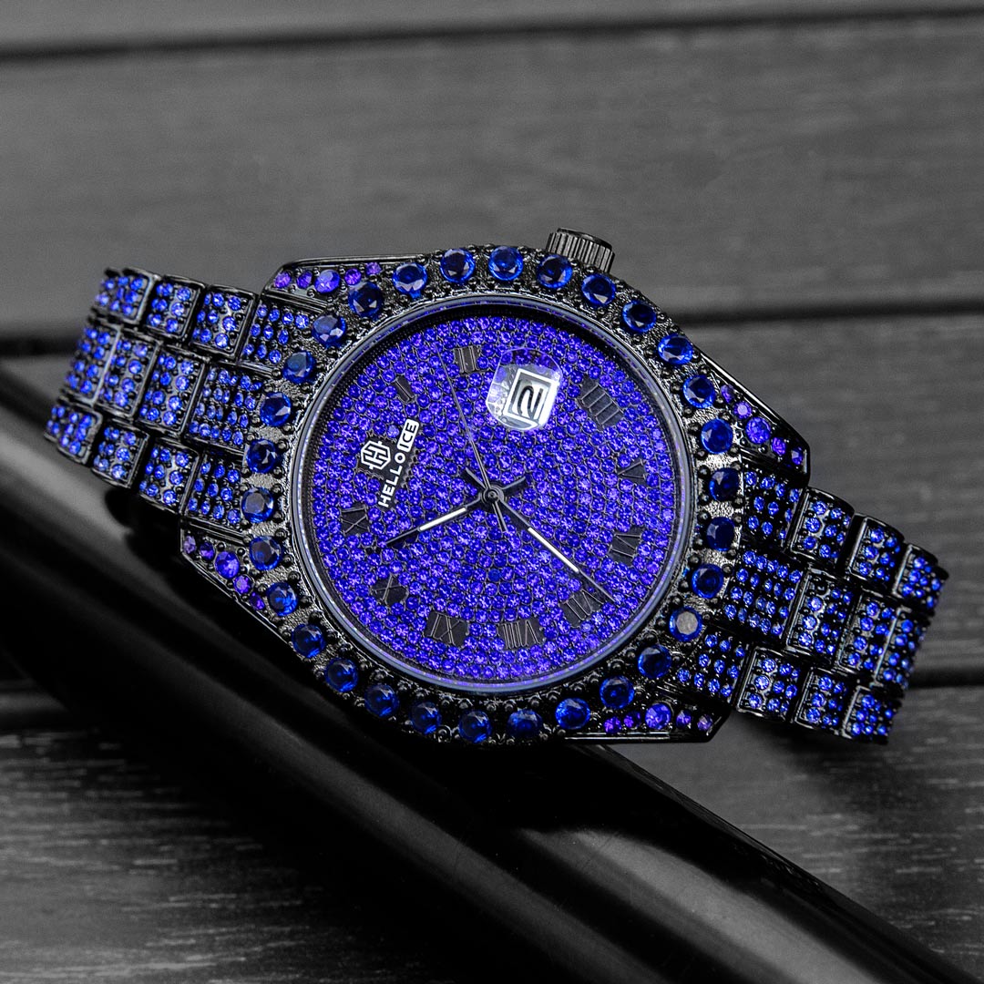 Bold Iced Out Sapphire Roman Numerals Round Cut Men's Watch In Black Gold - Image 4