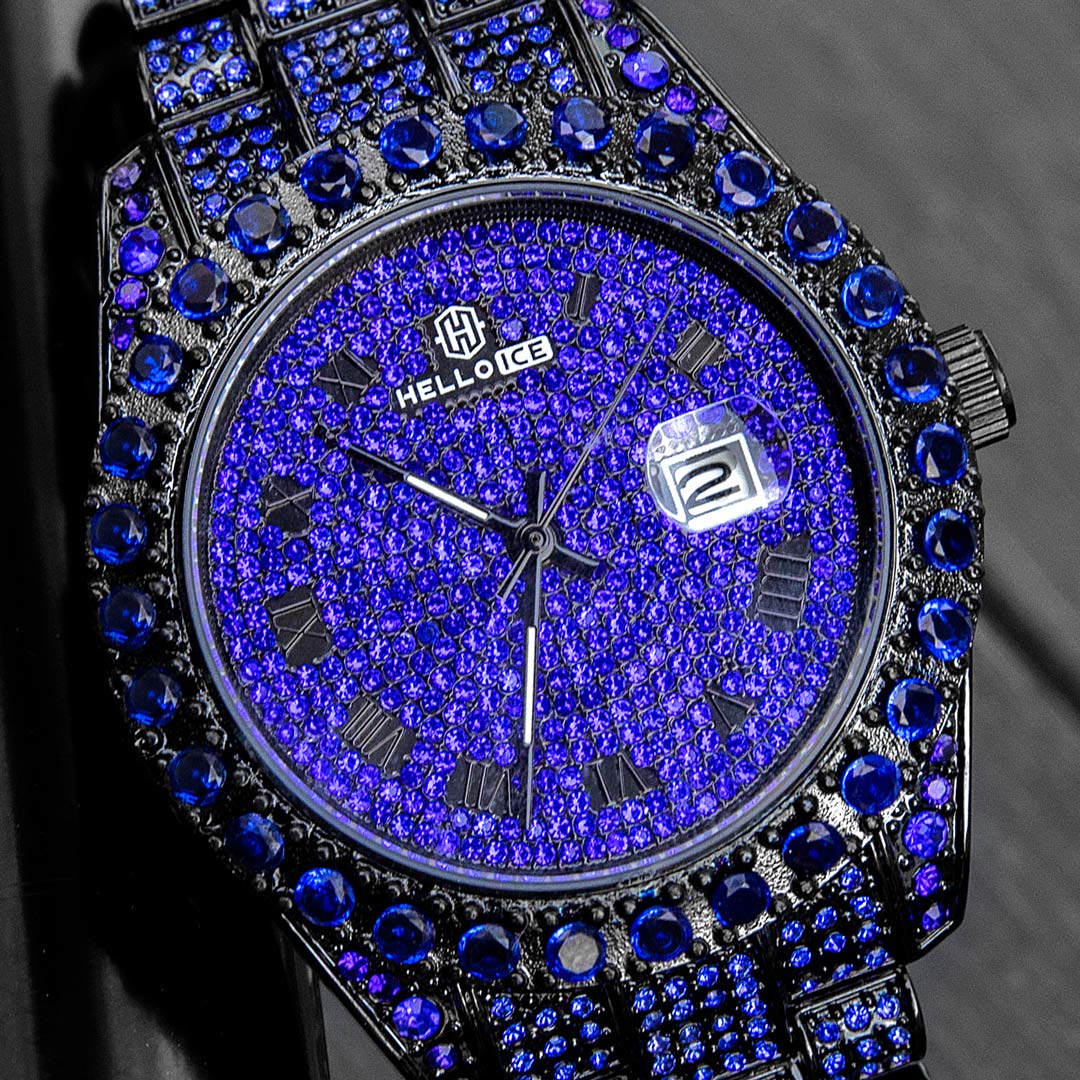 Bold Iced Out Sapphire Roman Numerals Round Cut Men's Watch In Black Gold - Image 5