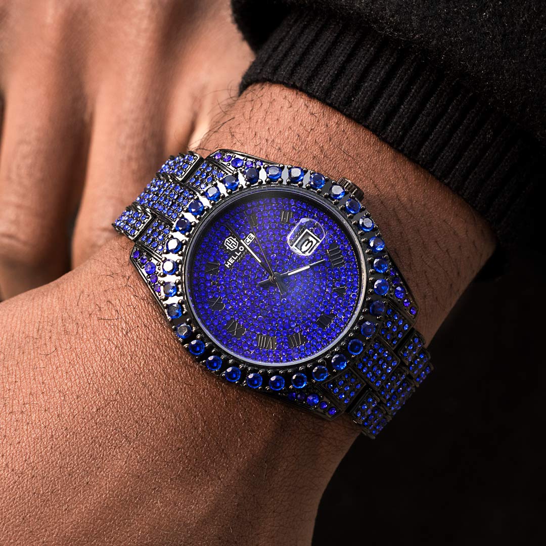Bold Iced Out Sapphire Roman Numerals Round Cut Men's Watch In Black Gold