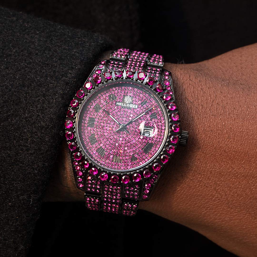 Bold Iced Out Ruby Roman Numerals Round Cut Men's Watch In Black Gold - Image 3