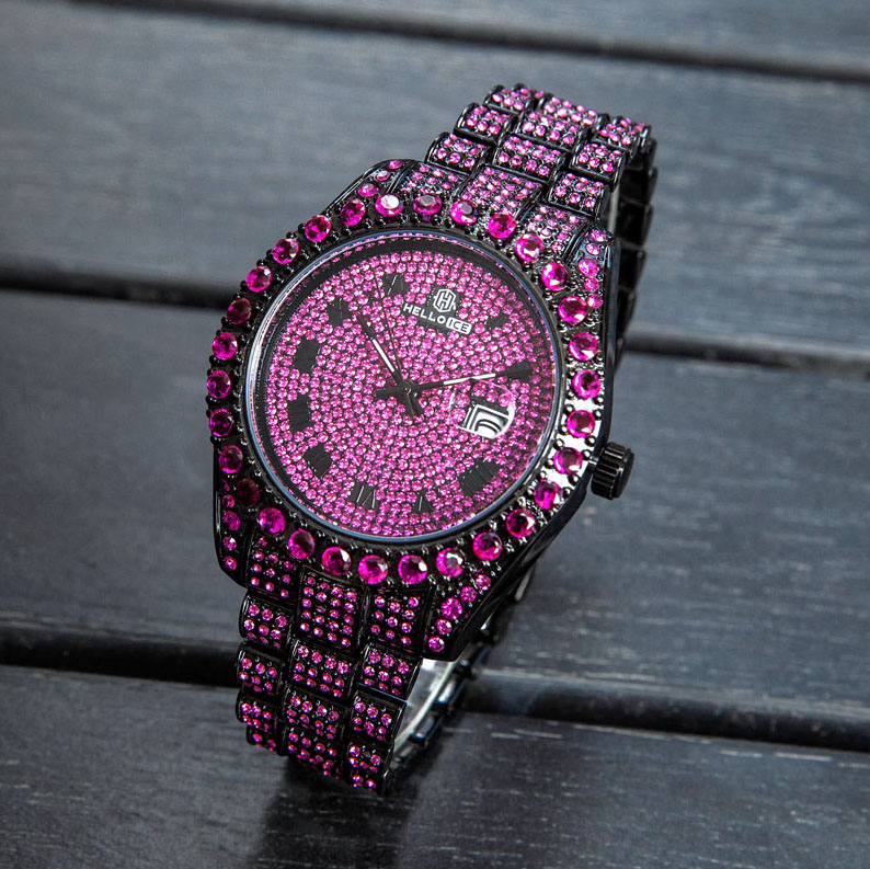 Bold Iced Out Ruby Roman Numerals Round Cut Men's Watch In Black Gold - Image 4