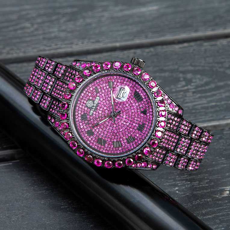 Bold Iced Out Ruby Roman Numerals Round Cut Men's Watch In Black Gold - Image 6