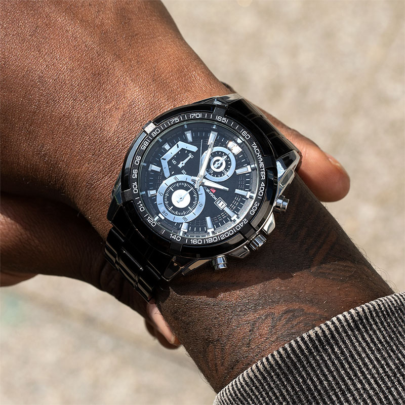 47mm Stainless Steel Quartz Watch In Black Gold With Street Luxury Shine