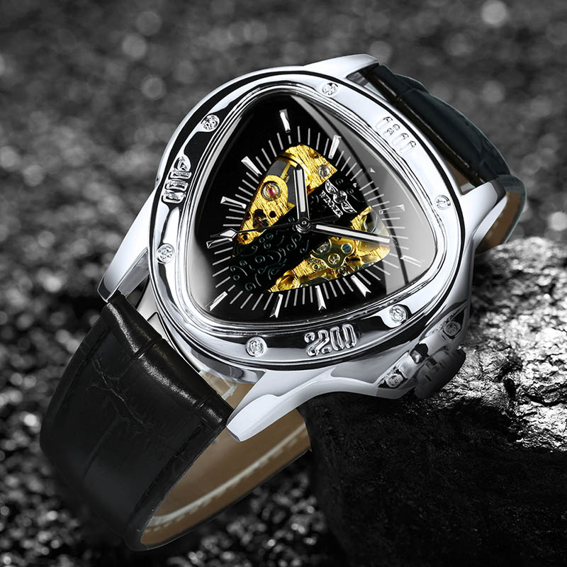 Triangle Skeleton Mechanical Watch With Leather Strap Gold - Image 3