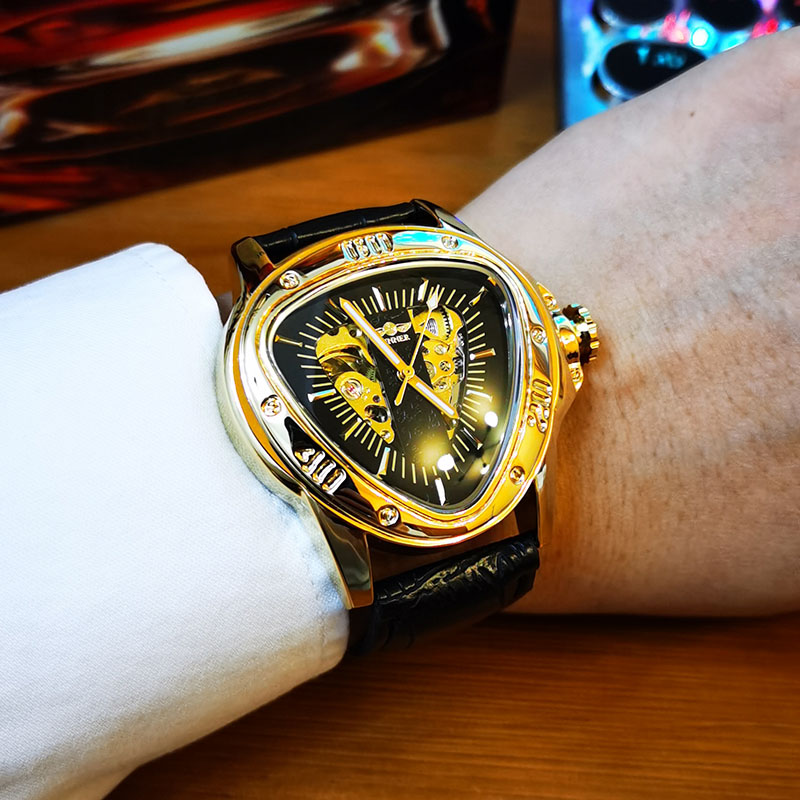 Triangle Skeleton Mechanical Watch With Leather Strap Gold - Image 4