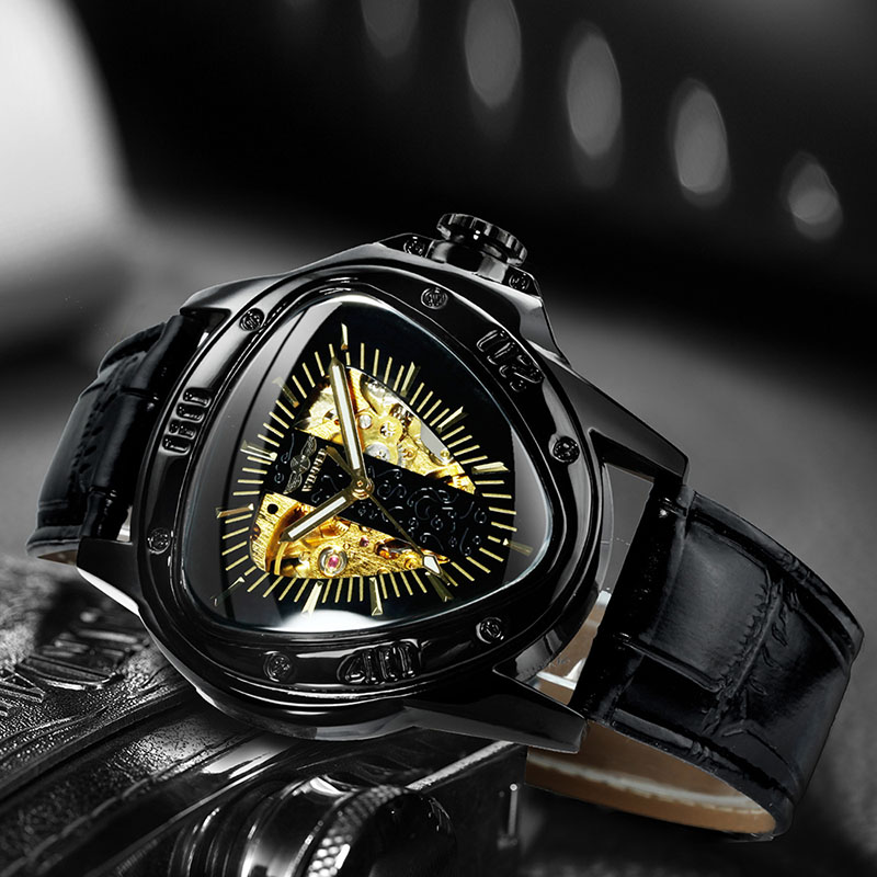 Triangle Skeleton Mechanical Watch With Leather Strap Gold - Image 5