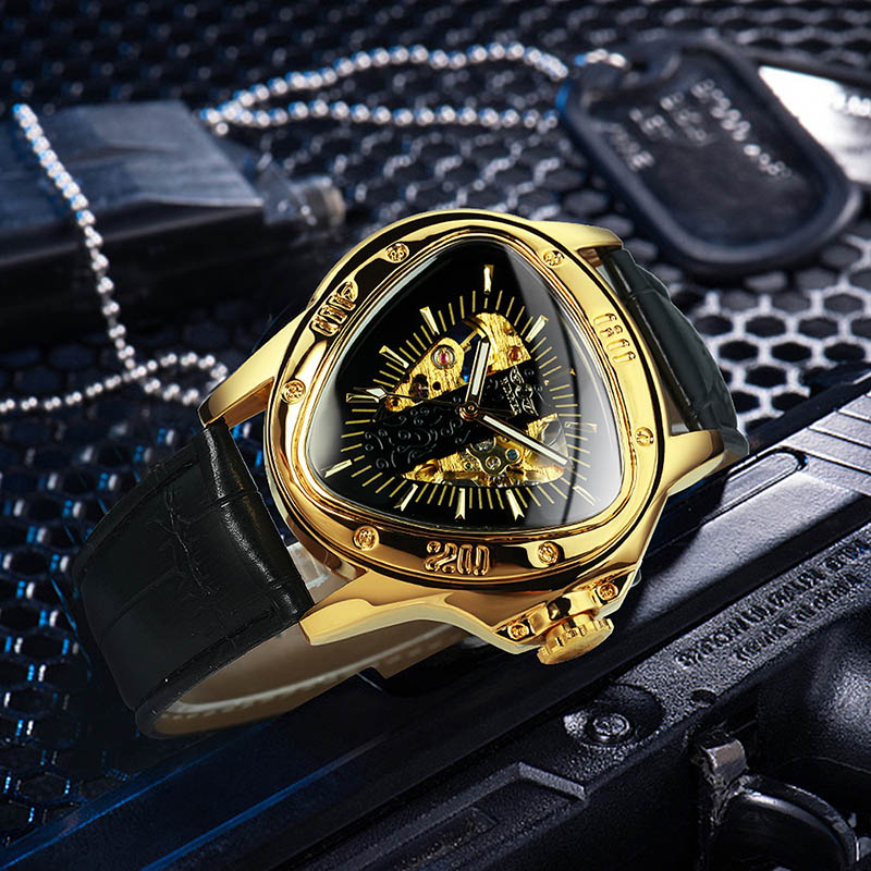 Triangle Skeleton Mechanical Watch With Leather Strap Gold - Image 6