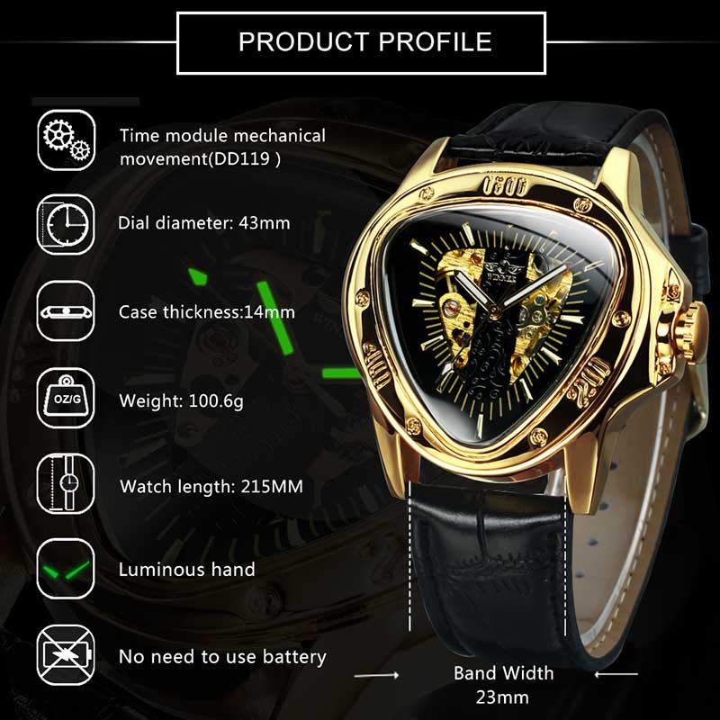 Triangle Skeleton Mechanical Watch With Leather Strap Gold - Image 7