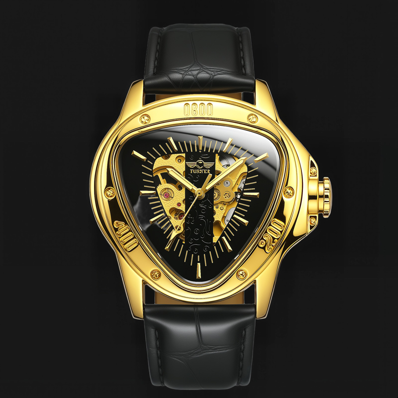 Triangle Skeleton Mechanical Watch With Leather Strap Gold