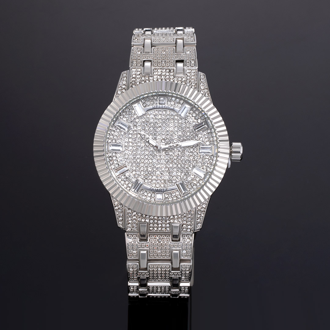 43mm Iced Out Baguette Cut Men's Watch In White Gold With Gold Shine