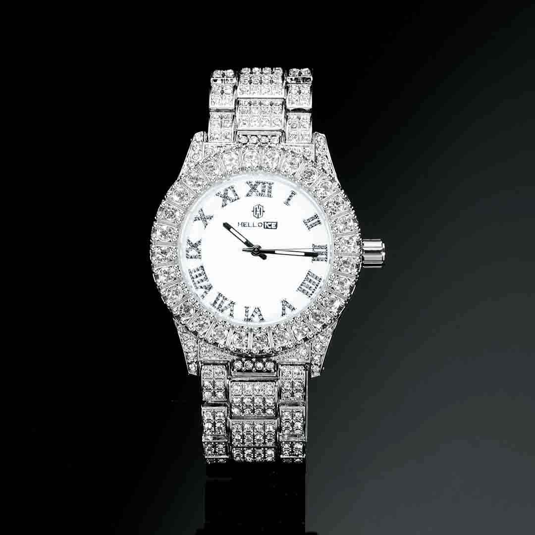 Street Luxury Iced Out Roman Numerals White Dial Men's Watch In White Gold - Image 3