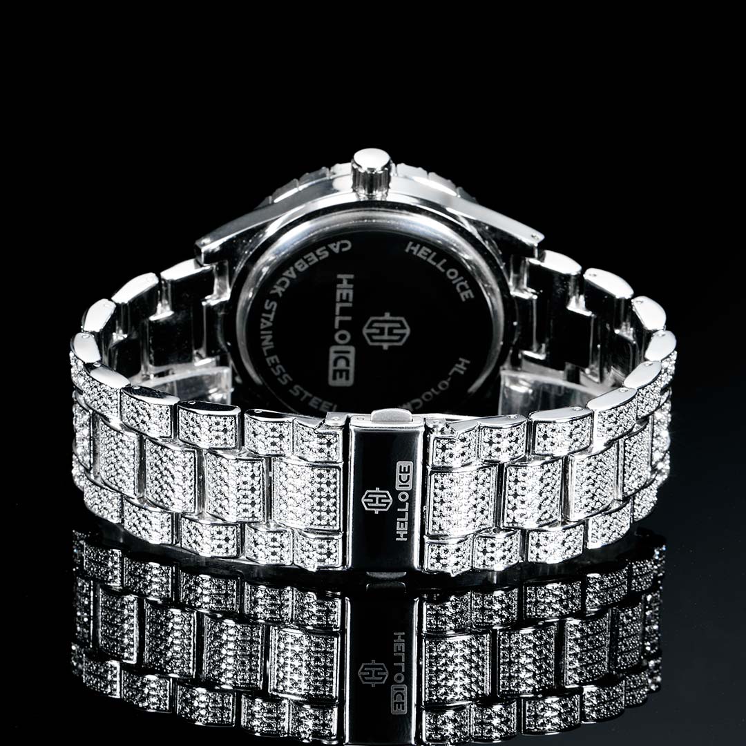 Street Luxury Iced Out Roman Numerals White Dial Men's Watch In White Gold - Image 5