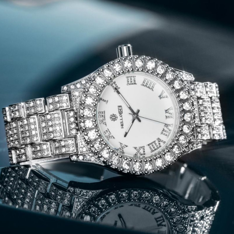Street Luxury Iced Out Roman Numerals White Dial Men's Watch In White Gold