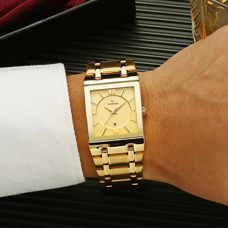 Square Quartz Watch For Men With Steel Strap Gold With Street Luxury Shine - Image 3