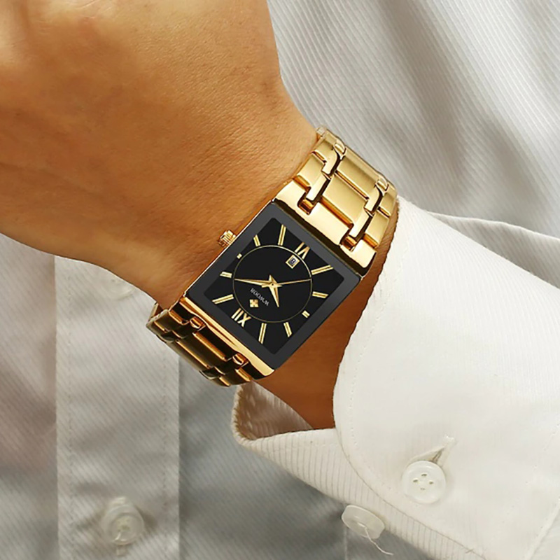 Square Quartz Watch For Men With Steel Strap Gold With Street Luxury Shine - Image 4