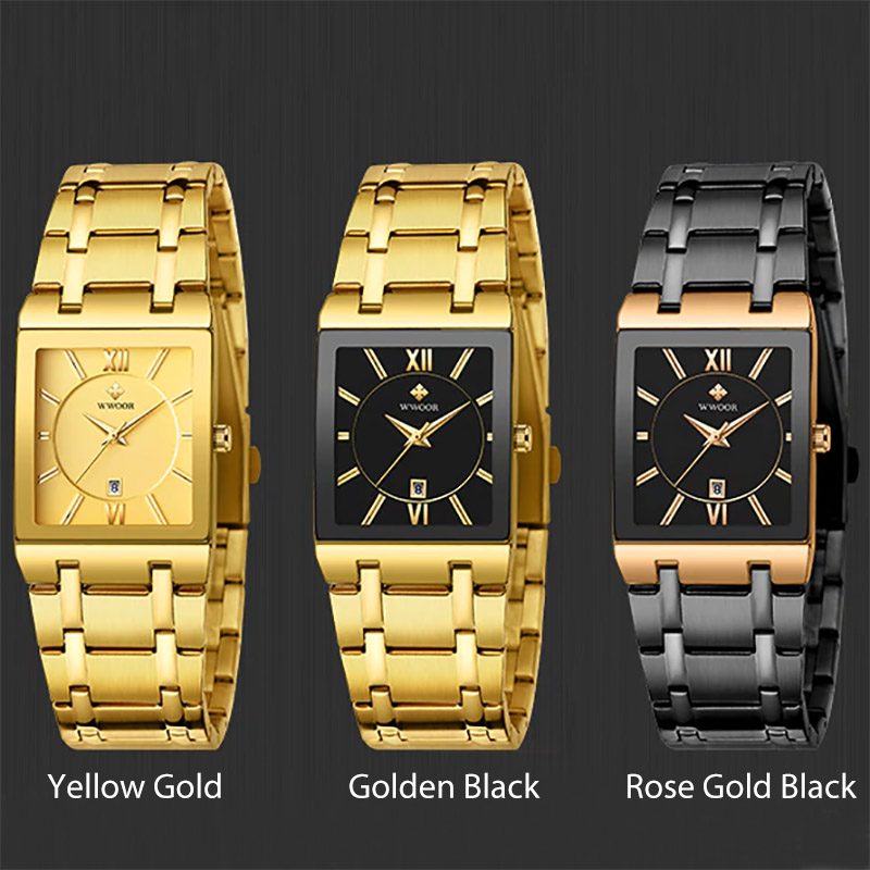 Square Quartz Watch For Men With Steel Strap Gold With Street Luxury Shine - Image 8
