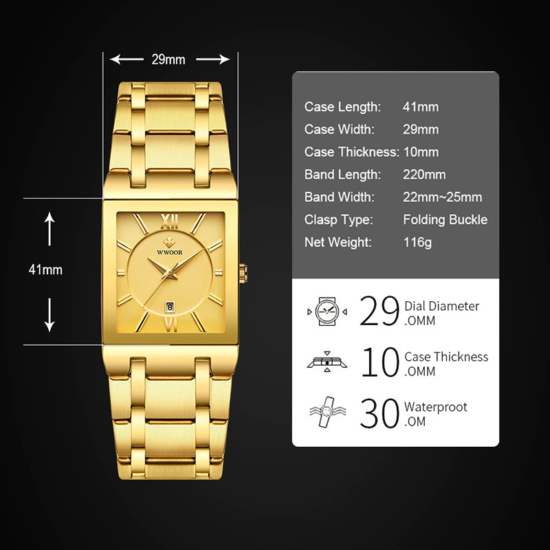 Square Quartz Watch For Men With Steel Strap Gold With Street Luxury Shine - Image 9