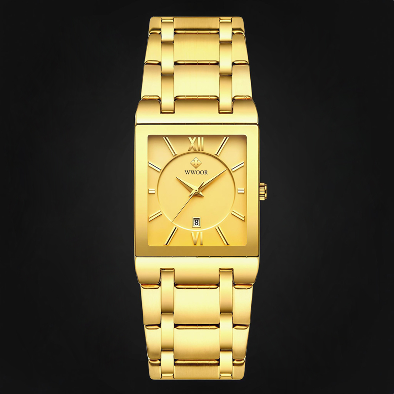 Square Quartz Watch For Men With Steel Strap Gold With Street Luxury Shine