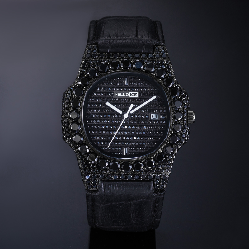Street Luxury Iced Out Black Stones Watch In Black Gold With Leather Strap