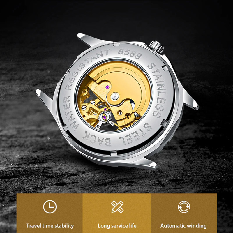 Skeleton Luminous Automatic Mechanical Men's Watch With Steel Strap Silver - Image 9