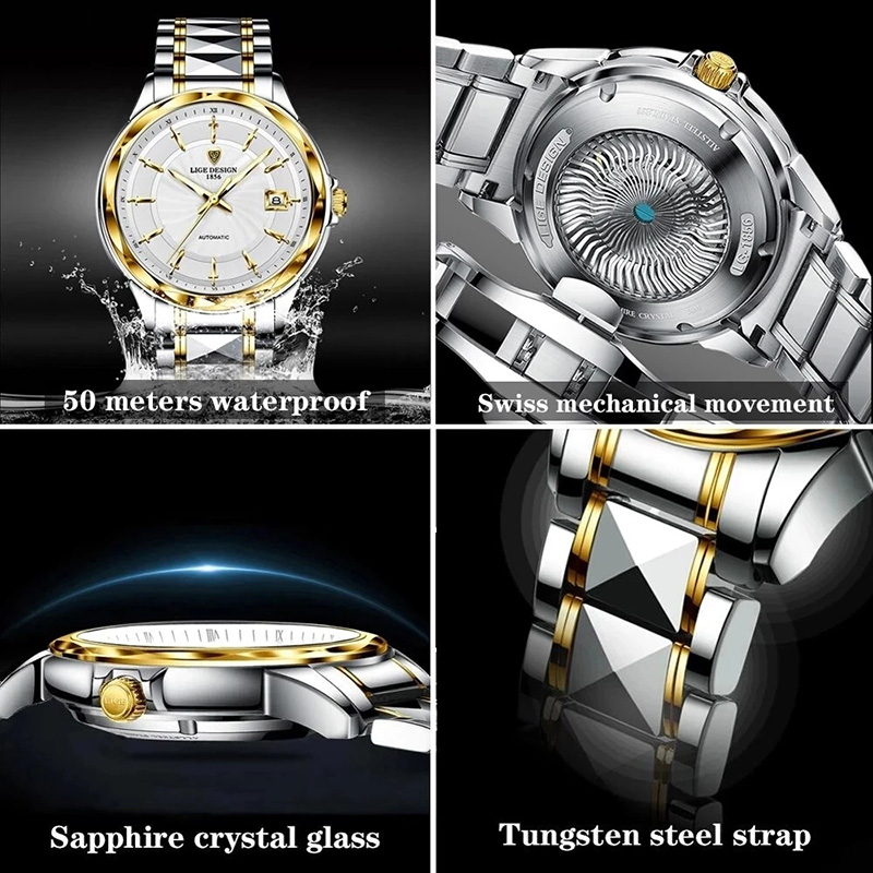 Sword Sapphire Glass Waterproof Automatic Mechanical Steel Watch Silver - Image 7