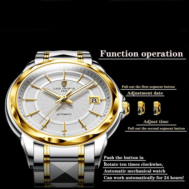 Sword Sapphire Glass Waterproof Automatic Mechanical Steel Watch Silver - Image 8
