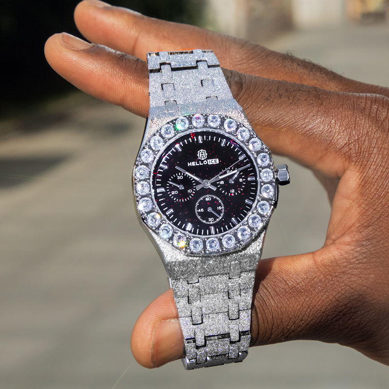 Iced Out Black Glitter Dial Round Cut Men's Watch With Street Luxury Shine - Image 5