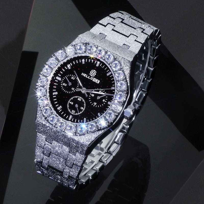 Iced Out Black Glitter Dial Round Cut Men's Watch With Street Luxury Shine
