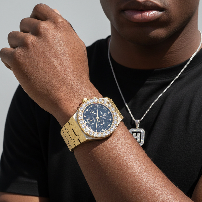 Iced Out Black Glitter Dial White Round Cut Watch With Street Luxury Shine - Image 4