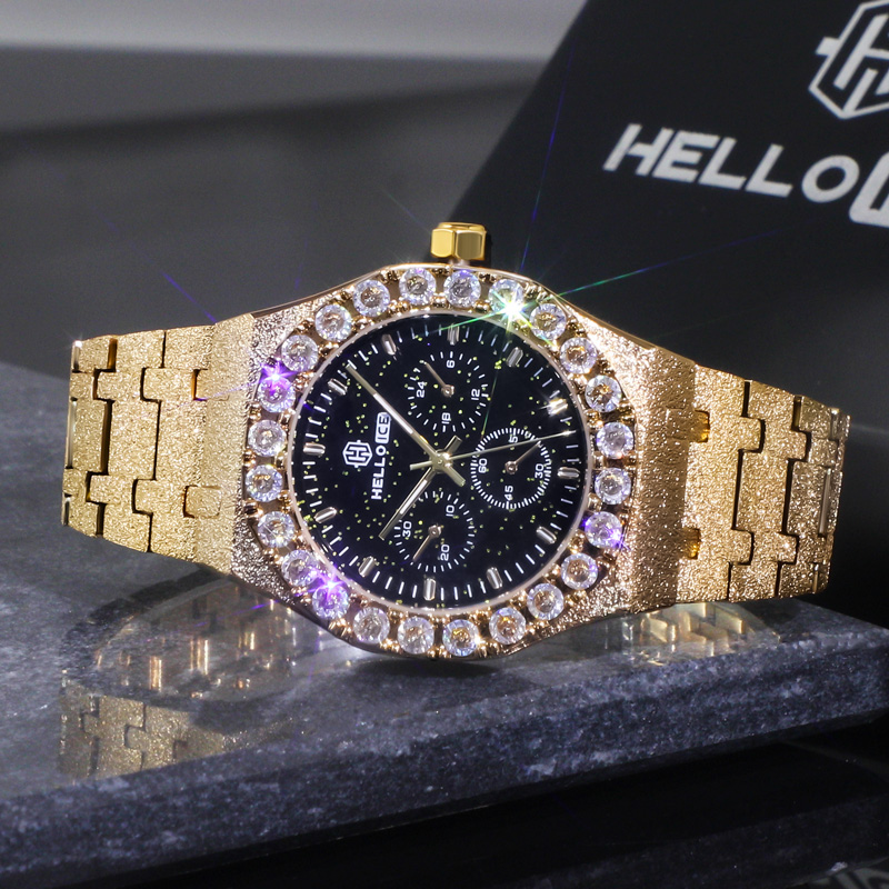 Iced Out Black Glitter Dial White Round Cut Watch With Street Luxury Shine