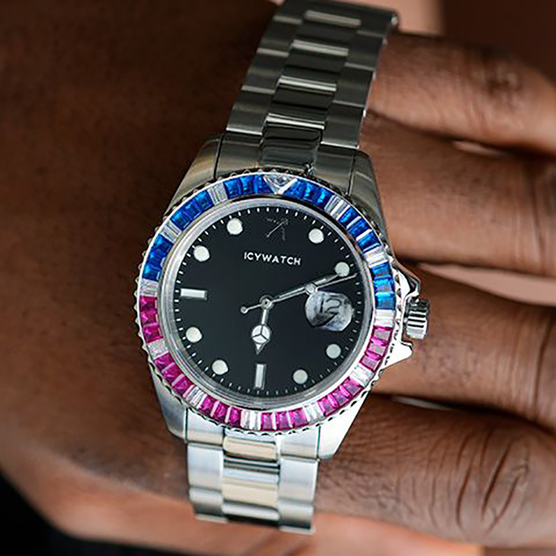 40mm Iced Out Watch With Black Luminous Dial In White Gold With Gold Shine