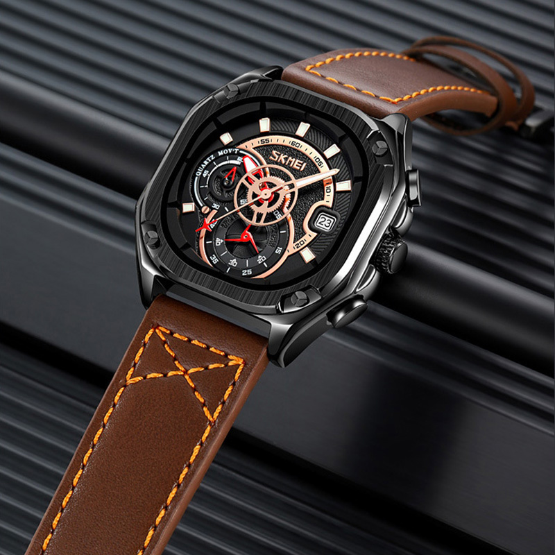 Square Dial Waterproof Quartz Watch With Leather Strap Gold - Image 3
