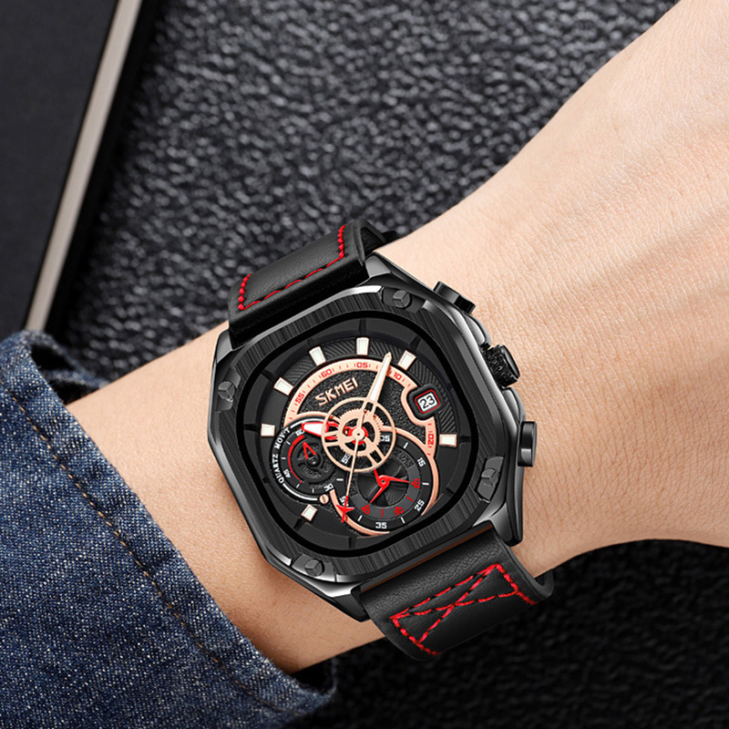 Square Dial Waterproof Quartz Watch With Leather Strap Gold - Image 4
