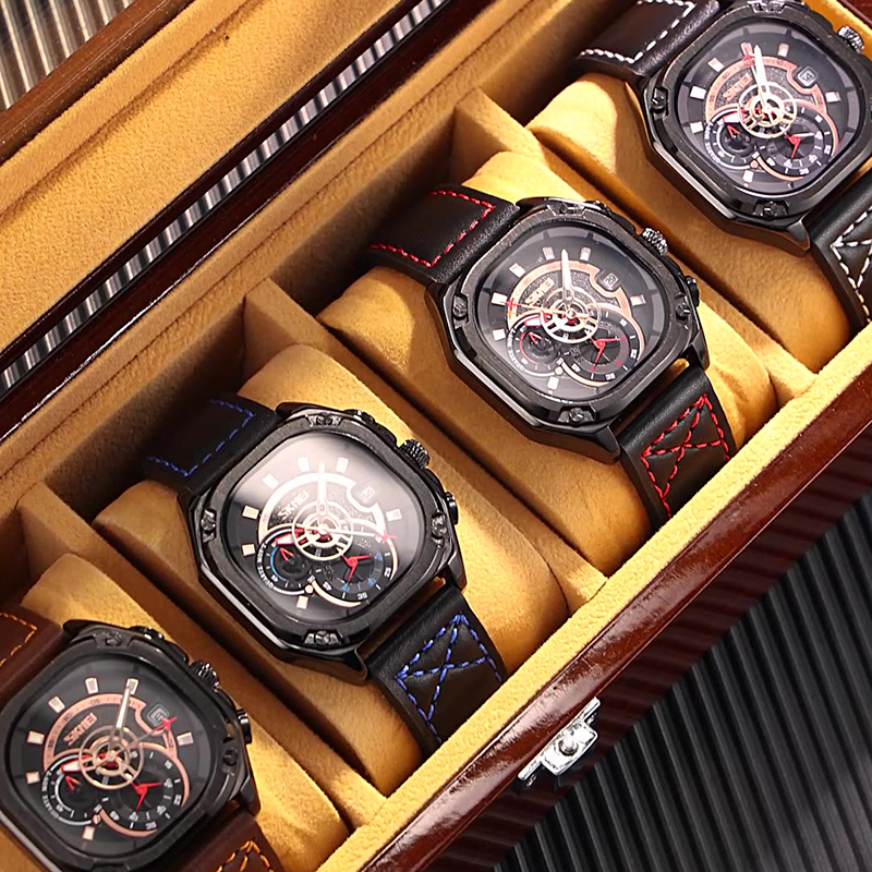 Square Dial Waterproof Quartz Watch With Leather Strap Gold - Image 5
