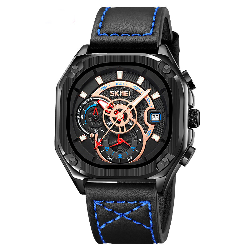 Square Dial Waterproof Quartz Watch With Leather Strap Gold - Image 7