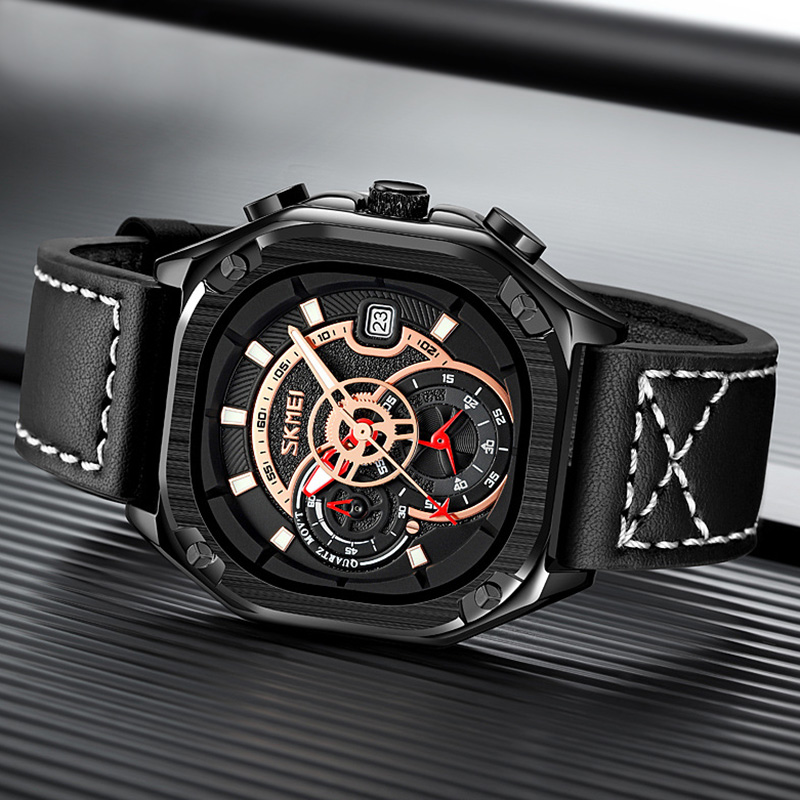 Square Dial Waterproof Quartz Watch With Leather Strap Gold